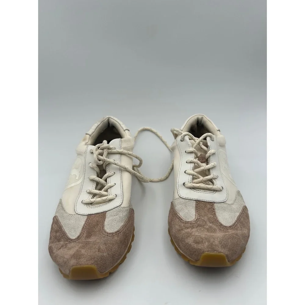 Tory Burch Bubble Sneakers Cream Brown Leather Textile Logo Low Top 8M 8913